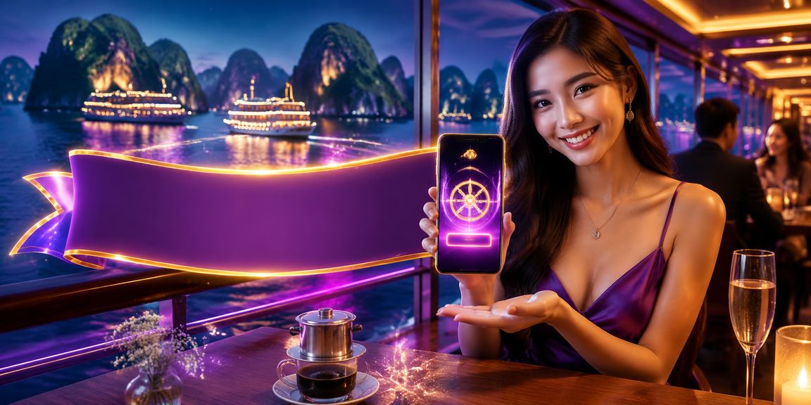 Người dùng truy cập phân tích kèo trên điện thoại di động bên cạnh vịnh Hạ Long với ly cà phê