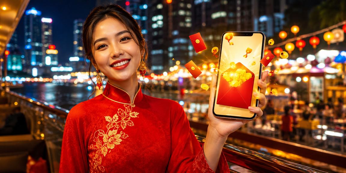 Người phụ nữ Việt Nam mặc áo dài nhận phong bì đỏ thưởng tại TP. Hồ Chí Minh