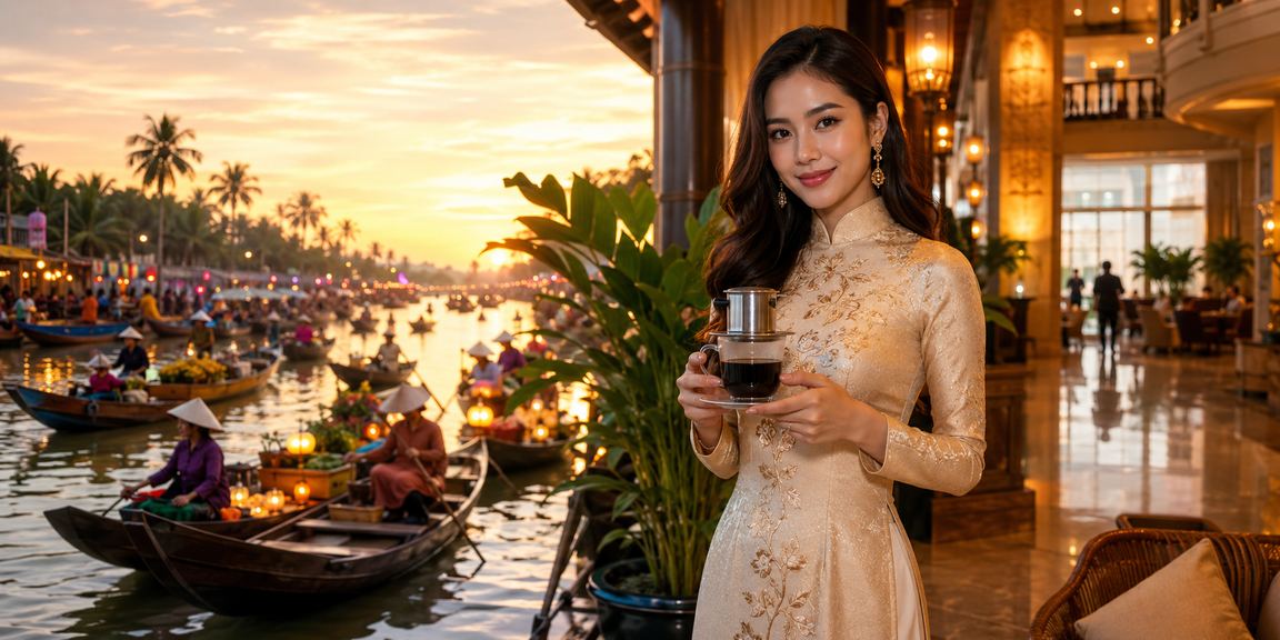 Người dùng Việt Nam thưởng thức cà phê và trải nghiệm casino app trên điện thoại tại vùng sông Mekong